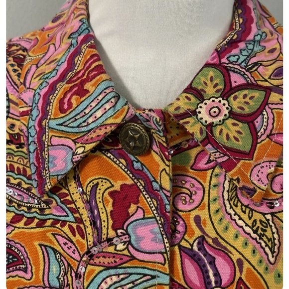 Coldwater Creek~Colorful Pink & Orange  Floral Paisley Sequin Beaded Jacket - Picture 2 of 15